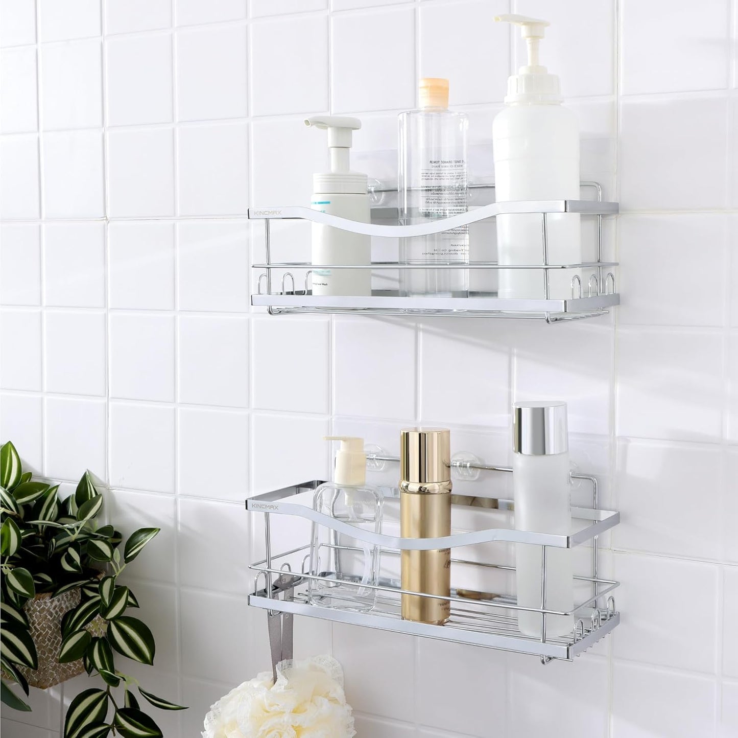 Iron Shower Caddies - Self Adhesive Bathroom Shelves for Showers - Wall Organizer Shampoo Holder Shelf - Peel and Stick on Caddy Bath Tub Rack - Pack of 2 Holders - Silver